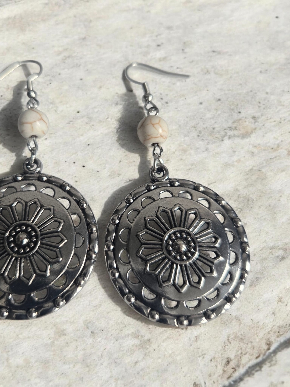 paparazzi Silver Floral Medallion Drop Earrings with Cream Bead